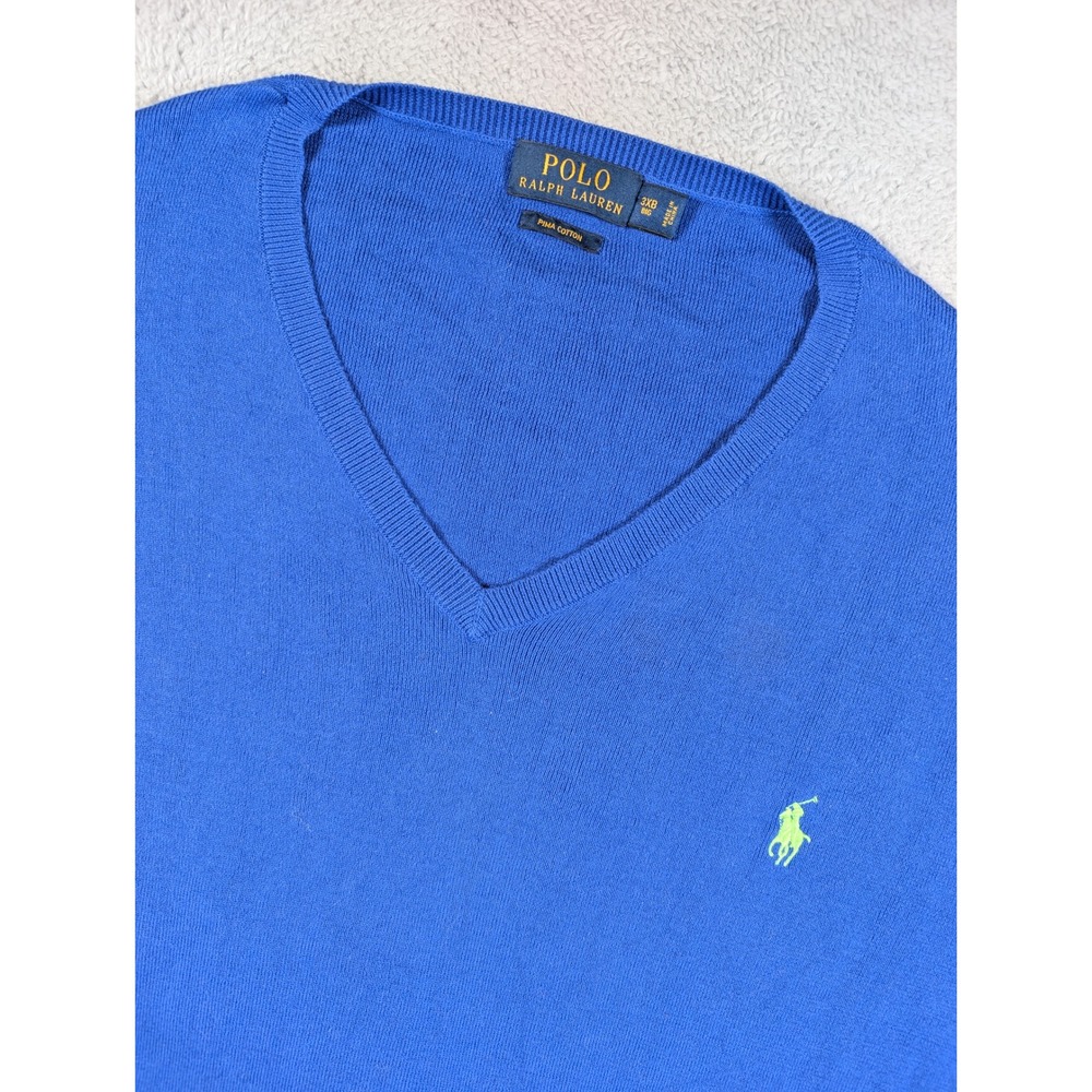 Polo Ralph Lauren Mens 3XB Big Royal Blue Pima Cotton V-Neck Sweater Lime Pony